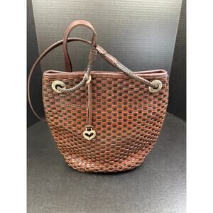 Brighton Leather Bucket Bag Brown and Black Weave Handbag Purse VTG